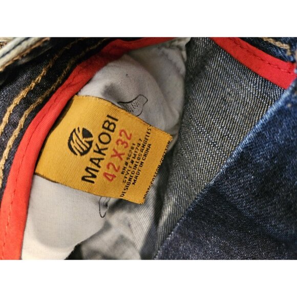 Makobi Jeans Moto Biker Blue Acid Wash Distressed Denim Mens 42x32 - Picture 12 of 12